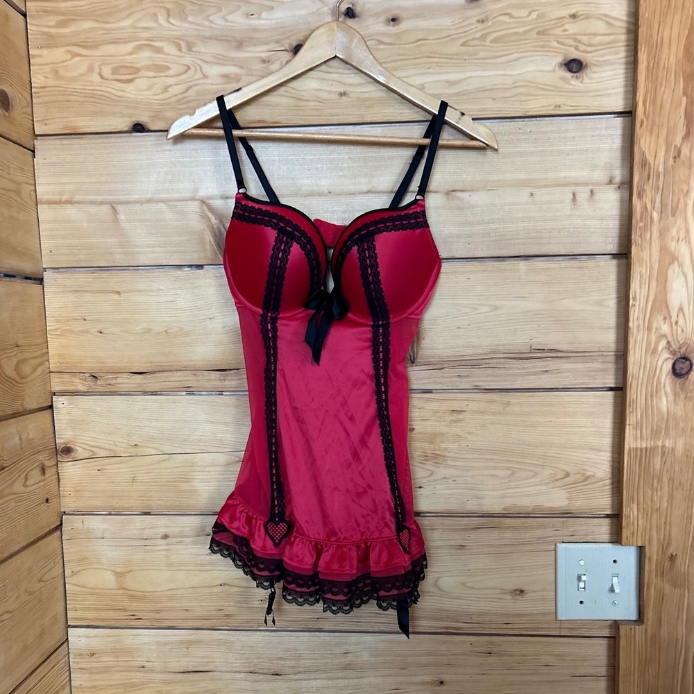 Satin Lace Trim Babydoll Lingerie Slip Dress Women Large Red Black La Senza